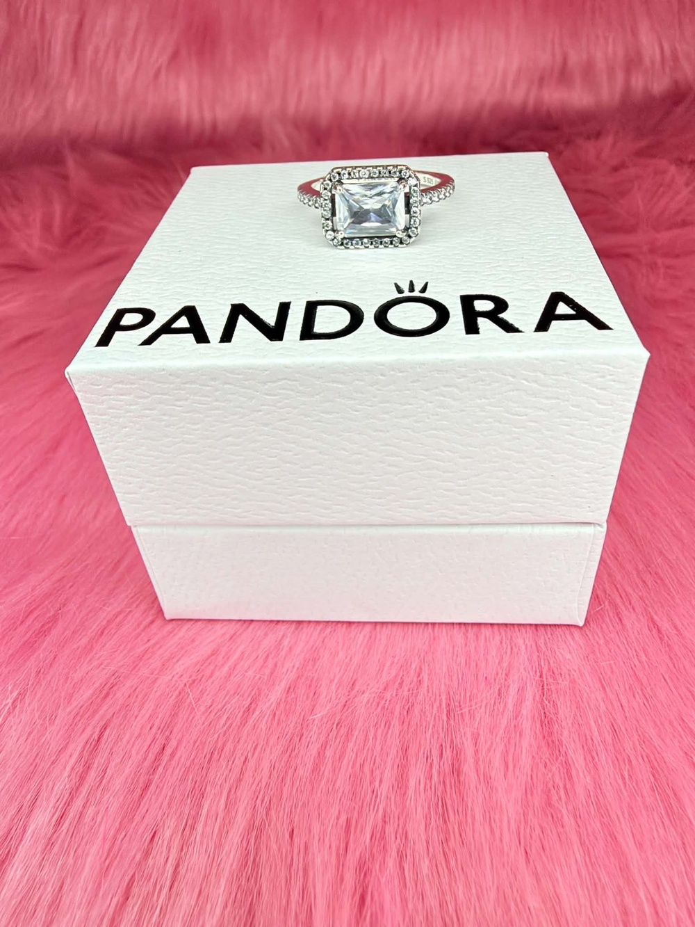 Pandora Square Halo Cubic Zirconia Silver Ring - White